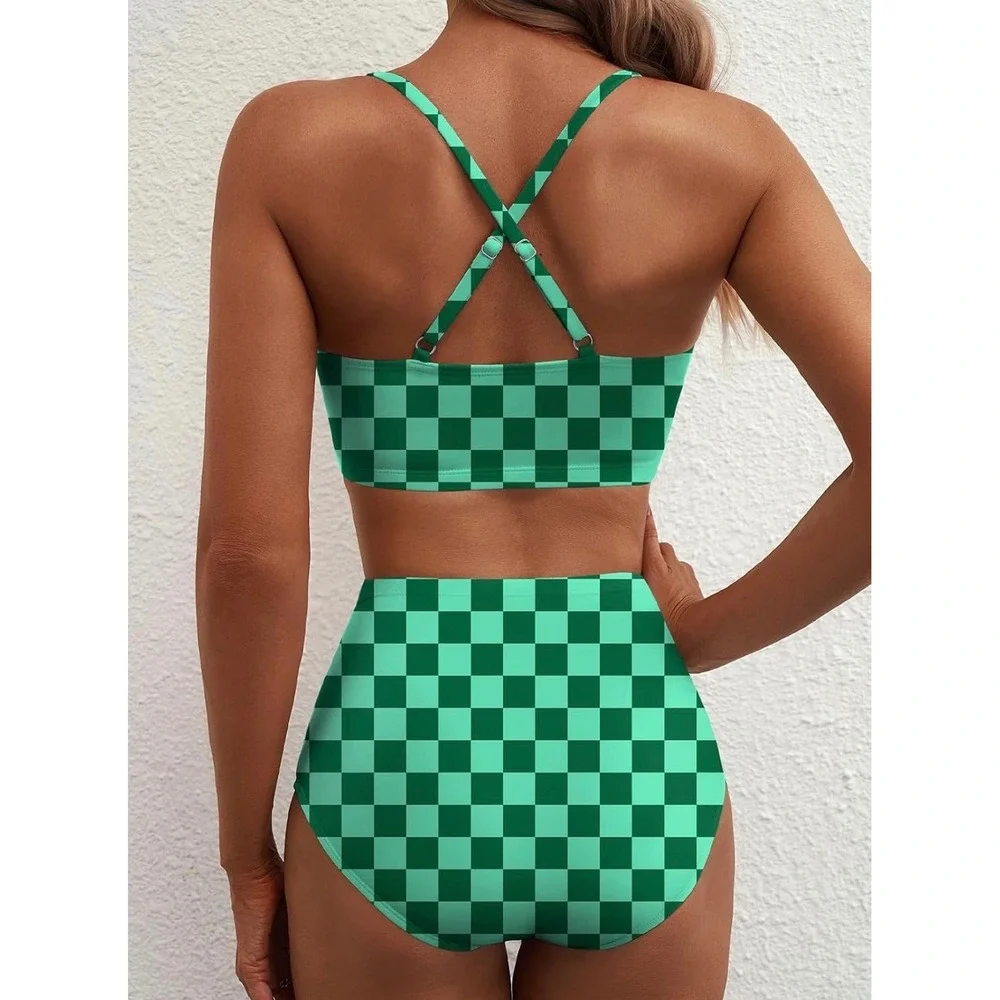 Green Checkered High Waisted Bikini Set U-Wire Crisscross Back Swimsuit XS